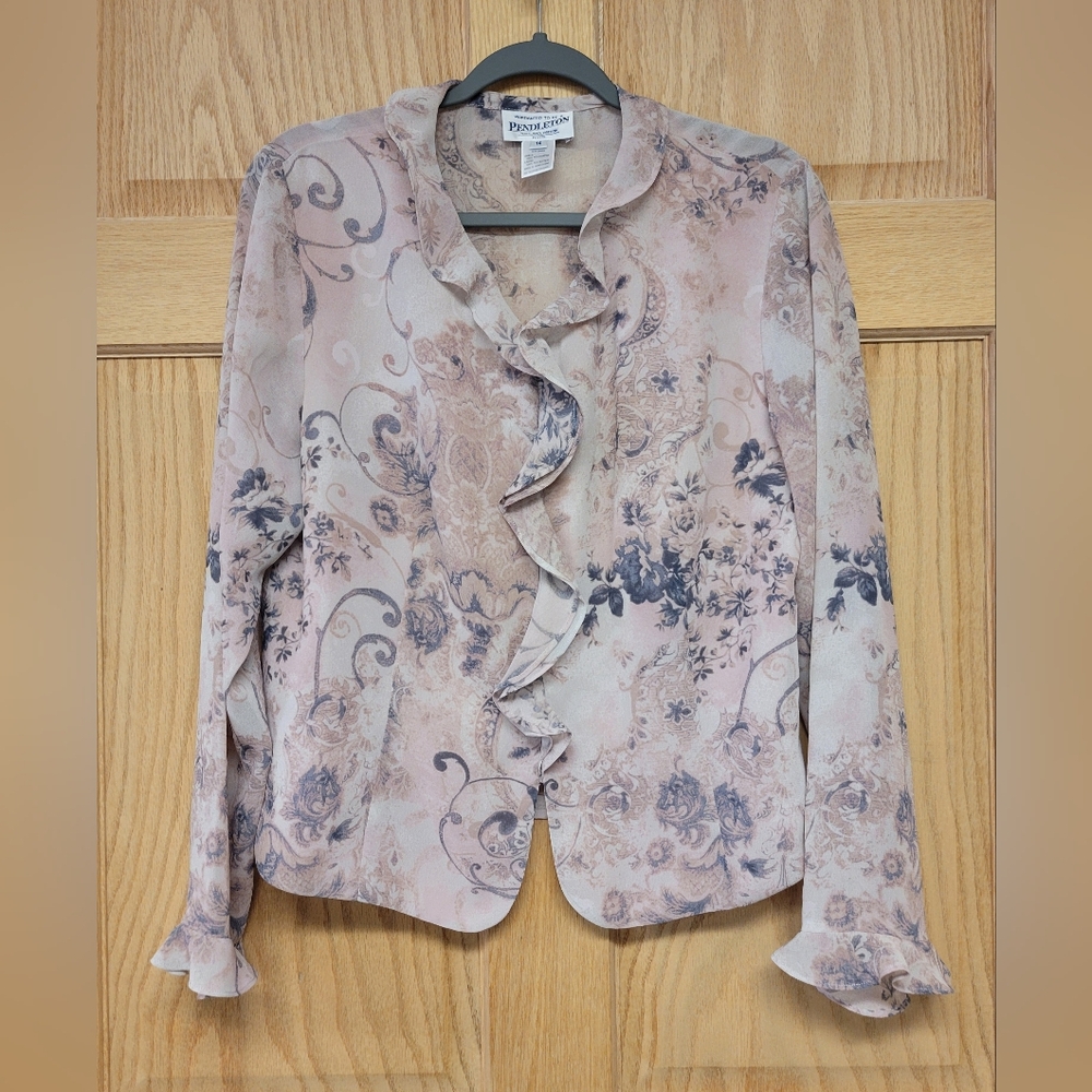 Vintage Pendleton Chiffon Blouse Size 14 Floral Top Ruffle Prairie Cottage Core